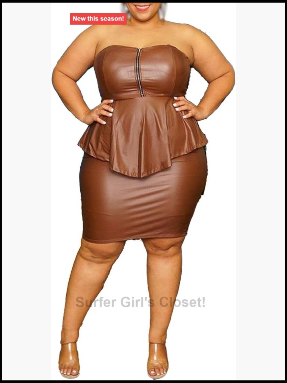 Women's Plus Size Faux Leather Two Piece Outfit Bodycon Zipper Up Tube Top &